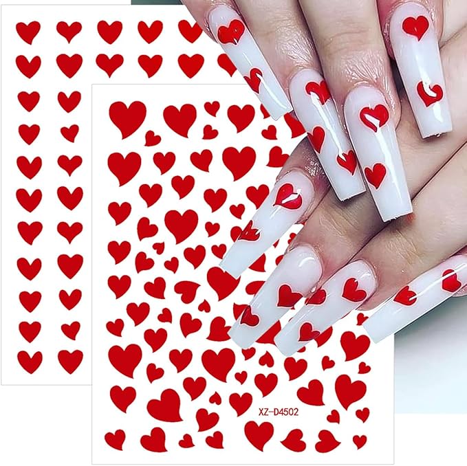 8 Sheets Red Heart Nail Art Stickers Romantic Valentines Nail Stickers 3D Self-Adhesive Love Lips Crown Nail Design Decals French Tip Nails Art Supplies for Women Holiday Decor Valentine Manicure Set