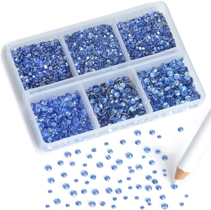 8000pcs Hotfix Rhinestones Flatback,Rhinestones for Crafts Clothes Mixed 6 Sizes, Hotfix Crystals with Wax Pencil Kit, SS3-SS12,Lt. Sapphire