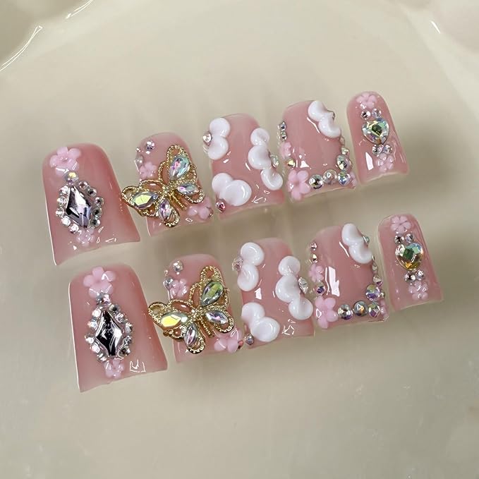 Butterfly Press on Nails Muti-Layer Gel Handmade Press on Nails Full Cover Thickened False Nails Duck Shaped Luxury Rhinestone Flower Fake Nails Designs Stick on Nails for Women Nail Art DIY（S)