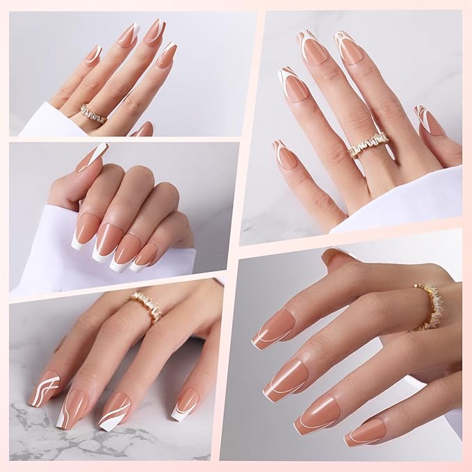 French Gel Nail Tips,5 Style 150pcs French Tip Press on Nails Short Coffin,Pre-Designed Soft Gel Fake Nails Tips, Soak Off Acrylic Fake Nails Extensions for Women Nail Art DIY 15 Sizes