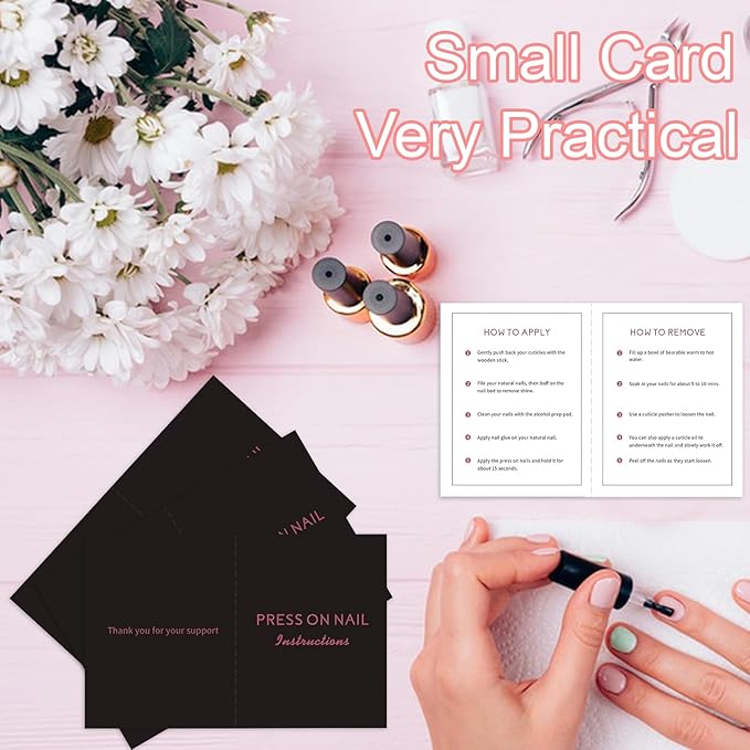 50 Pack Press on Nail Instructions Cards, Bebbtiy Press on Nail Application Guides Nail Aftercare Manicure Usage Business Supplies Card (Black-1)