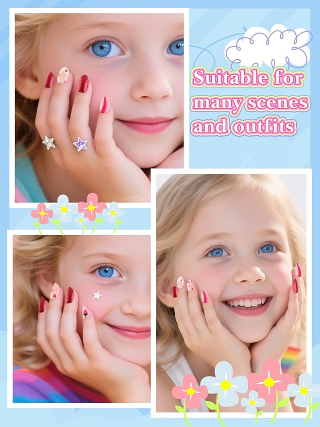 EBANKU 24 Pieces Kid Fake Nail Kit, Almond Press on Nails for Kids Lovely Heart Press on Nail Short Artificial False Nail Kits for Kids Girls
