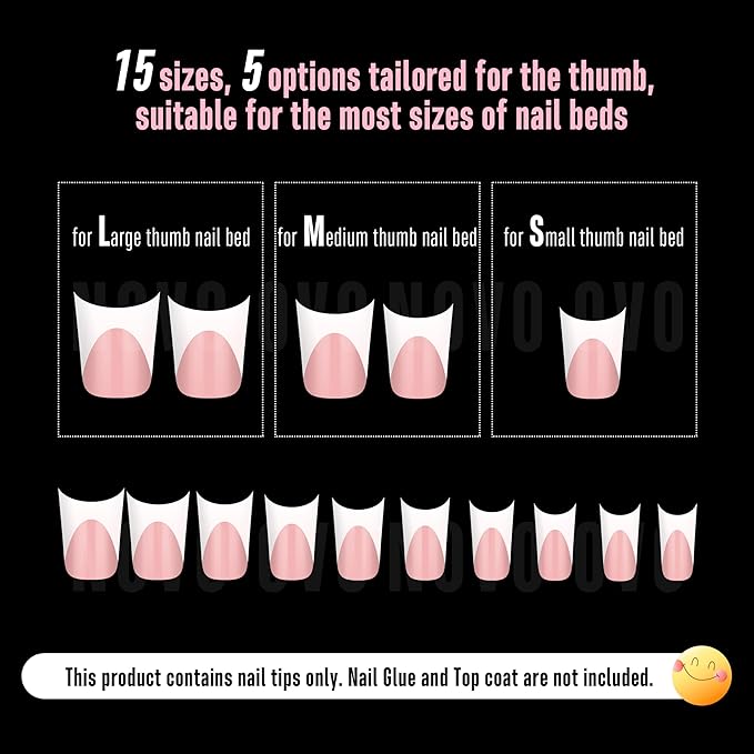 NOVO OVO Extra Thick Duck Nails Short with Moon Curve Light White French Tips BABY PINK Full Cover for Press on Acrylic, Flare Wide French Soft Gel Fake False Nail Extension x 15 Sizes 240 pcs