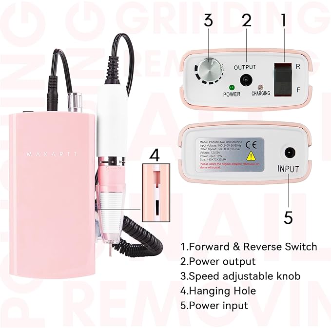Makartt Nail Drill, Rechargeable Nail E File 30000RPM Electric Nail File, Malory Pink Portable Gel Nail Remover Machine with Nail Drill Bits & Sanding Bands for Manicure Salon Home Use