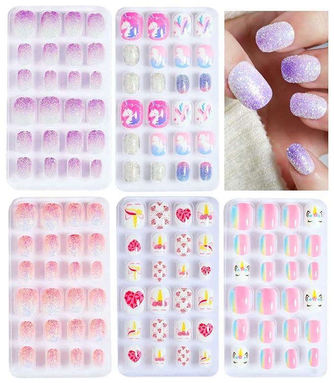 False Nails Press on Nails for Kids-Flower Heart Print Short False Artificial Full Cover Nail Art Kits Nail Glue Tabs for Girls Children (120pcs glitter nails)