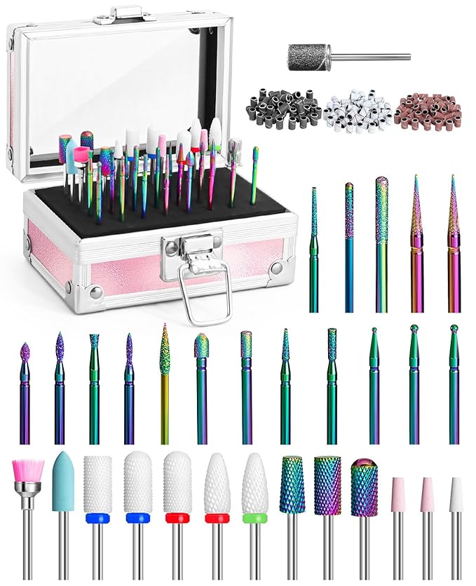 Onism 30Pcs Nail Drill Bits Set, 3/32" Tungsten Carbide Ceramic Quartz Kit with 75 Sanding Bands (#80/120/180), 40-Slot Expandable Organizer Box for Acrylic Gel Removal & Prep, Pink