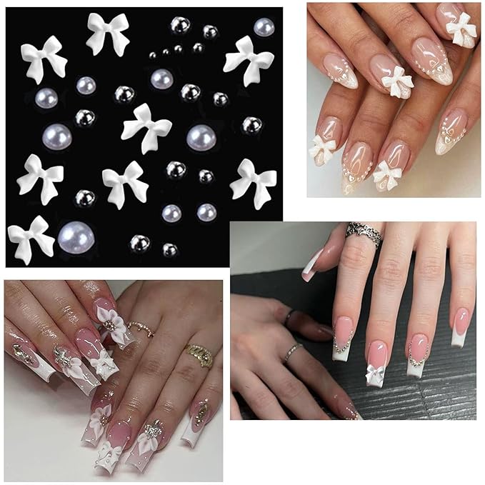 Nail Art Pearls Flatback Rhinestones Bow-Knot Nail Charms Silver Beads White Half Round Supplies Luxurious Design Jewelry DIY Crafts Accessories for Women Manicure Decorations