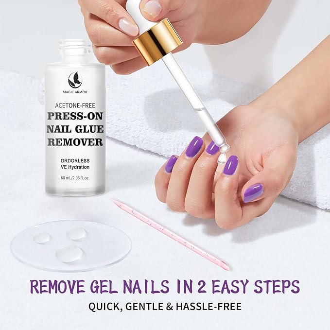 60ML Press On Nail Glue Remover - Acetone-Free Odorless Fake Nail Remover with Crystal Stick, Soft Painless Removal for Nail Tips & Rhinestone Adhesive
