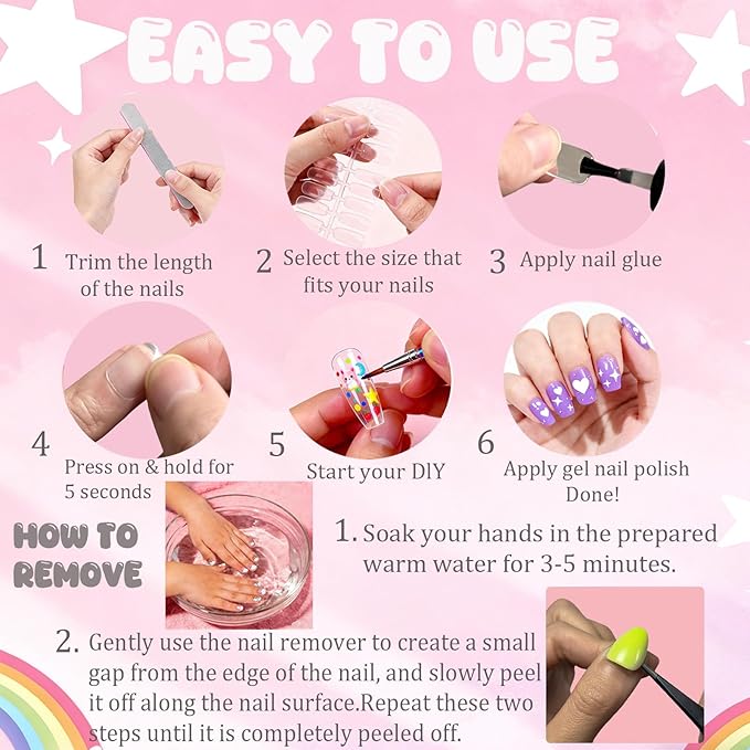 Extra Short Almond Press On Nails For Girl, 216Pcs Pre Etched Clear Press On Nails Kit For Kids,Full Cover False Nail with 3 in 1 Nail Glue, Fake Nails Extension Set for Home DIY 12size