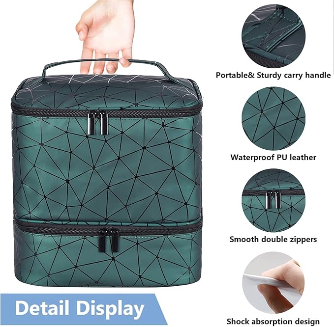 Nail Polish Organizer Holds 30 Bottles (15ml) and 1 Nail Light Nail Polish Carrying Case with Storage Pockets for Manicure Tools Double Layer Nail Storage Travel Bag with Handle (A-Green)