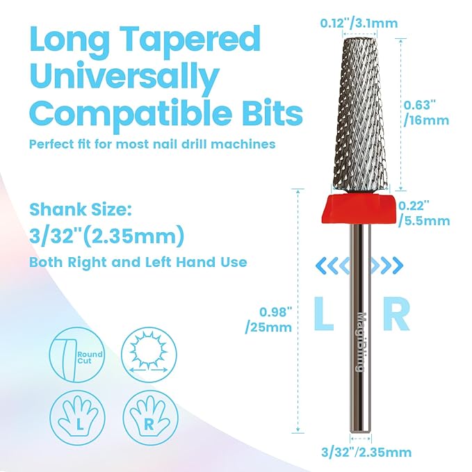 16mm 5 in 1 Tapered Barrel Nail Drill Bits, 3/32'' Safety Tungsten Carbide Bits, Right & Left Rotation, Manicure Cuticle Gel Acrylic Removal Polishing, Technicians Bits, Fine