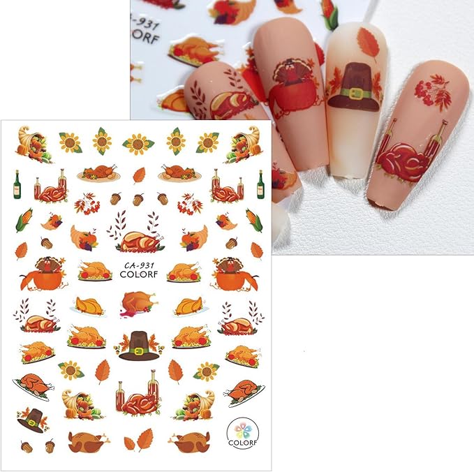 Fall Nail Art Stickers Thanksgiving Day Turkey Pumpkin Nail Decals 3D Self-Adhesive Holiday Maple Leaf for DIY Autumn Party Nail Supplies Decoration 8 Sheets