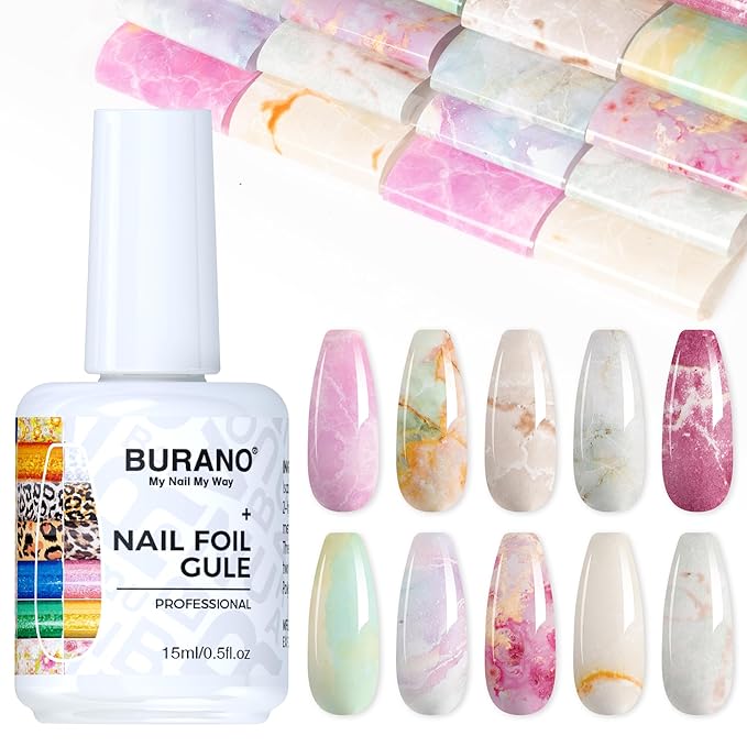 BURANO Nail Art Nail Foil Glue Gel, o.5 oz with 10PCS Foil Stickers Set Nail Foil Glue for Nails Foil Transfer Gel, Nail Design Home DIY UV LED Lamp Required (Marble Glitter) 22