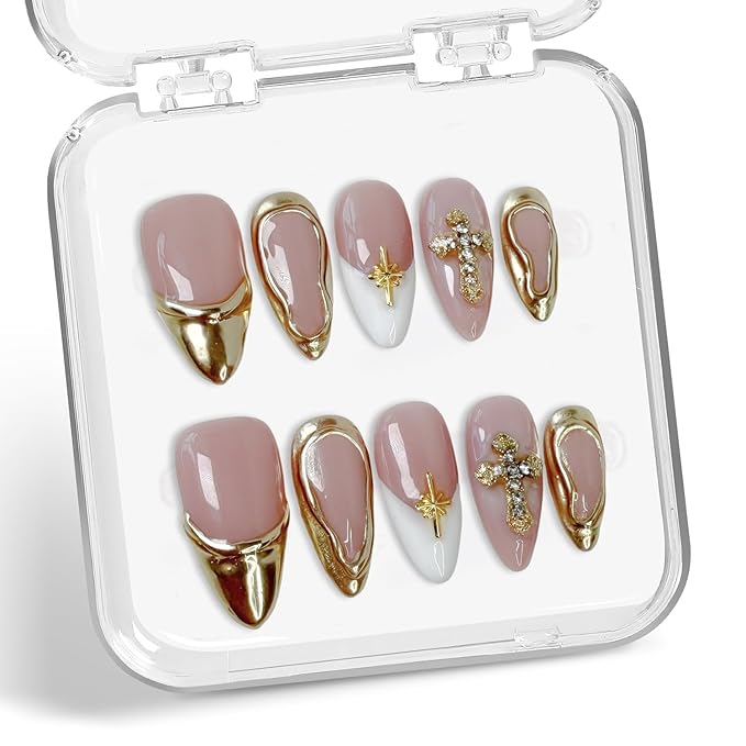 Handmade Press on Nails Golden French Tip Medium Almond False Nails Luxury 3D Metallic Rhinestones Design Muti-Layer Gel Thickened Acrylic Nail Full Cover Stick on Nails for Women (S)