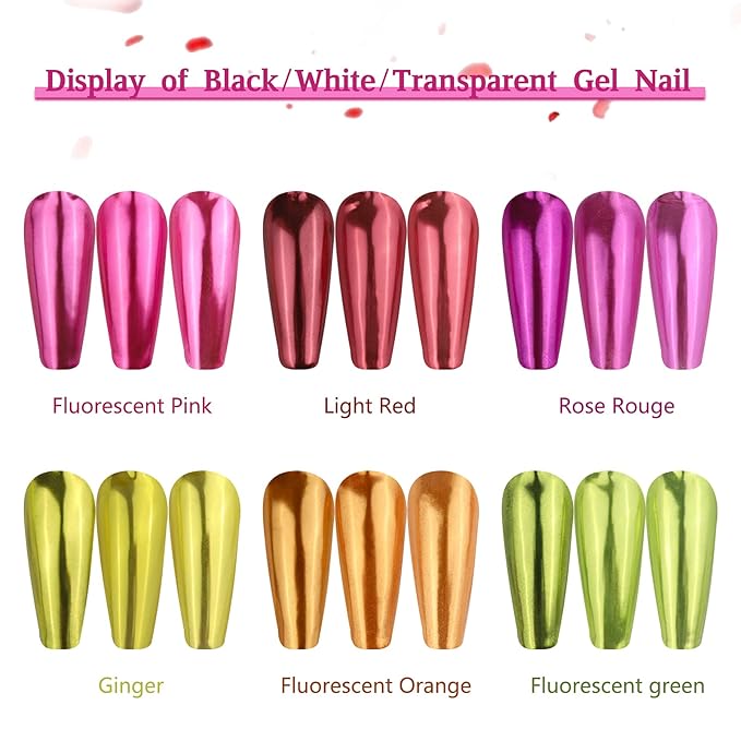 6 Box Chrome Nail Powder, Chrome Effect Nail Powder Set, Shiny Nail Glitter Powder with Magic Mirror Effect for Nail Art Design Decoration(Fluorescent Color Series)