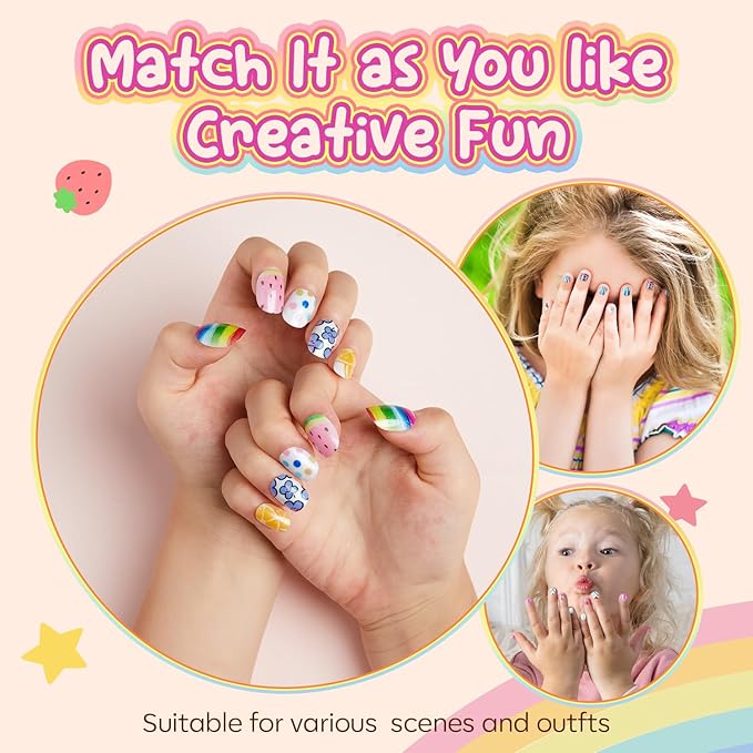Modelones Press on Nails for Kids 144Pcs 6 Pack Children Acrylic Fake Nails Pre-glue Full Cover Glitter Gradient Color Ice-Cream Fruit Short False Nail Art Kits Sets Christmas Gifts for Kids Girls