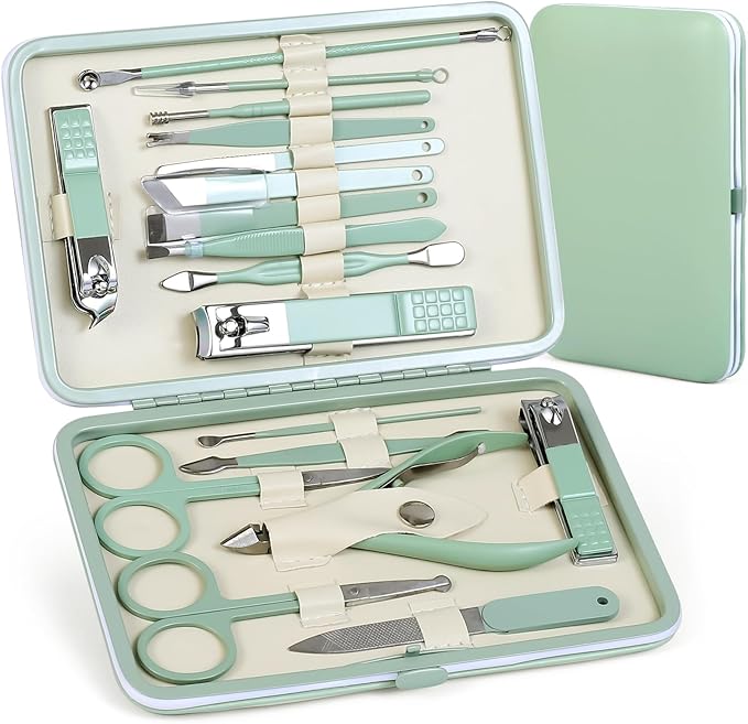 Manicure Set Pedicure Kit Nail Clippers Set Fingernail Clipper Set Ingrown Toenail Nail Kit Scissor Nail Trimmer Kit 18 Pieces Women and Men’s Care Grooming Tools with Fine Case (Tea Green_18 Pieces)