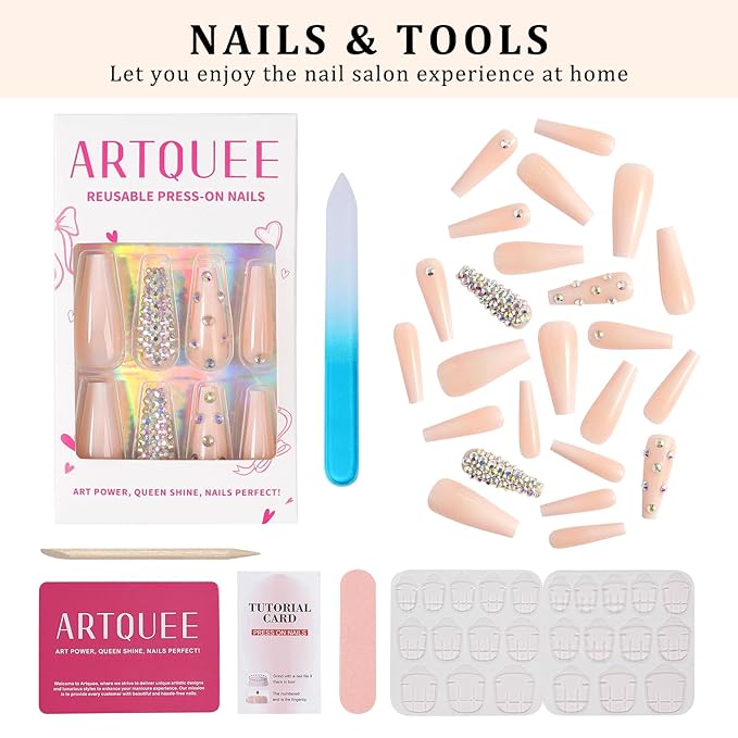 Artquee 24pcs French Nude White Ballerina Diamond Long Glossy Coffin Flash Fake Nails Press on Nail False Tips Manicure for Women