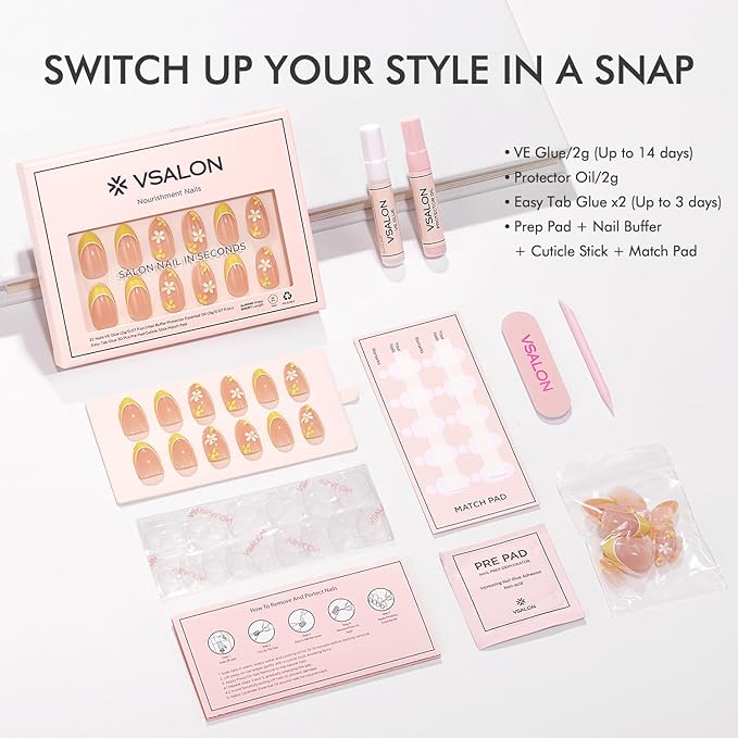 VSALON Press on Nails Short Almond - Lemon Yellow French Tip 3D Flower Design Fake Nails Kit, Reusable Valentines Gel Glue on Nails with Glue & Cuticle Oil - 32 PCS Stick on Nails in 16 Sizes
