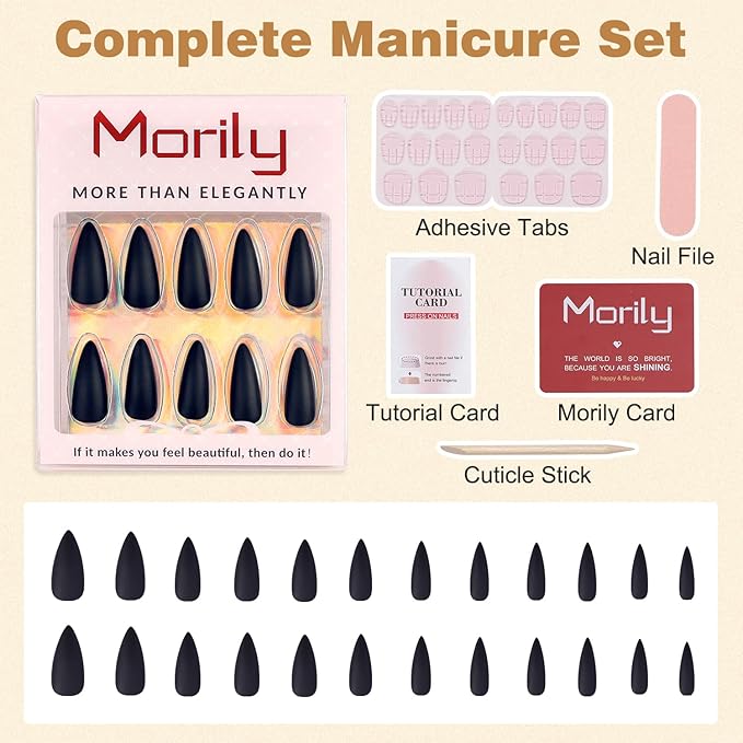 Morily 24pcs Fake Nails Matte Pure Color Medium Long Stiletto Almond Press on Nail False Tips Artificial Finger Manicure for Women (Black)
