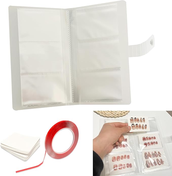 Press On Nail Storage Book Empty Press On Nails Packing Book Set Nail Organizer Display Accommodate 42 Pairs Press On Nails with 10m Double-Sided Adhesive Tape and 50pcs Nail Display Cards