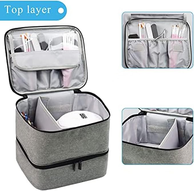 Meichoon Carrying Case Organizer 2 Layers Storage Holder Case with Adjustable Bottle Compartment 30 Bottles of Gel lamp and Manicure Tools Large Makeup Bag Travel with Removable Divider Gray