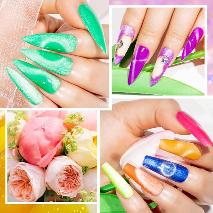 MIZHSE Neon Cat Eye Gel Polish Kit with 3D Metal Stick - 12-Color Glitter Magnetic Gel Polish Set Red Yellow Green Hot Pink Purple - Bright Nail Art Manicure Gift for Women