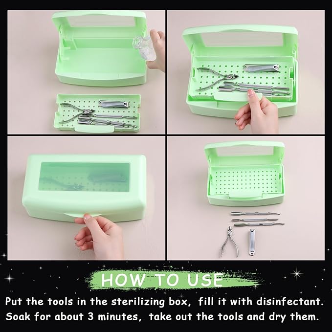 Nail Tool Sterilizer Box Plastic Disinfectant Container for Nail Art Accessories Tools, Sterilizer Soaking Box with Strainer Pedicure Manicure Cleaning Equipment, Green