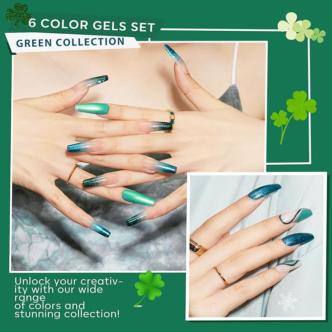 modelones Ethereal Green Gel Nail Polish Set - 6 Colors 2026 St Patricks Mermaid Lagoon Dark Green Gel Polish Kit Turquoise Glitter Gel Polish Soak OFF LED Spring Manicure Nail Art Gel Salon DIY Gift