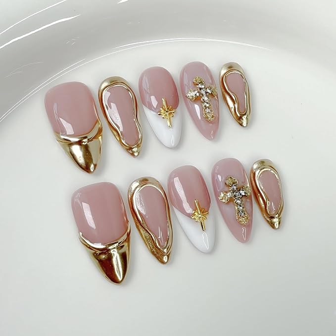 Handmade Press on Nails Golden French Tip Medium Almond False Nails Luxury 3D Metallic Rhinestones Design Muti-Layer Gel Thickened Acrylic Nail Full Cover Stick on Nails for Women (S)
