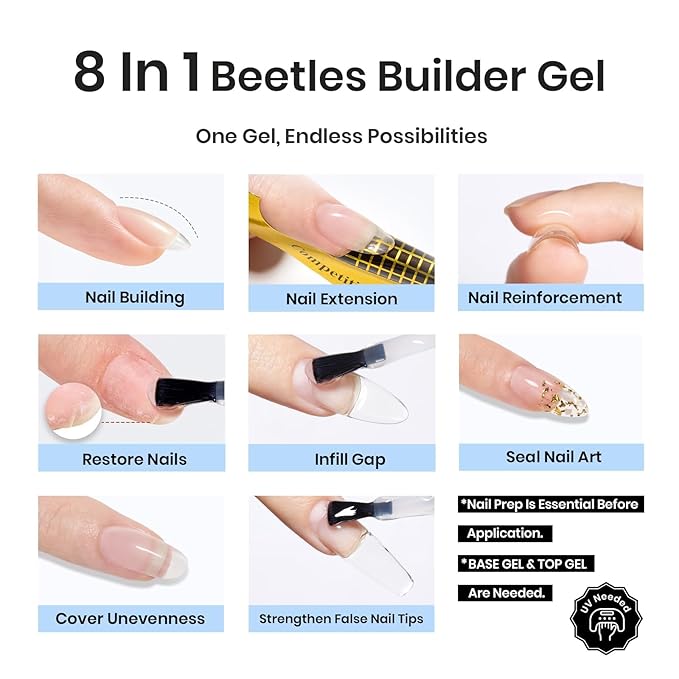 Beetles Low Heat Builder Nail Gel-Dew Glow Gentle Curing 8 in 1 Strengthening Natural Nail Building Apex & Extension for Beginner DIY Salon at Home,Clear Gel Builder,UV & LED Lamp Needed