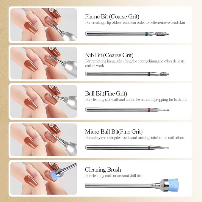 Diamond Nail Drill Bits Set 10Pcs - Safety Cuticle Bit for Beginners, 3/32 Inch E-File Nail Bits for Russian Manicure Prep, Ball Flame Needle Bits for Nail Tech, Gentle Efile Bits for Acrylic Gel Nail