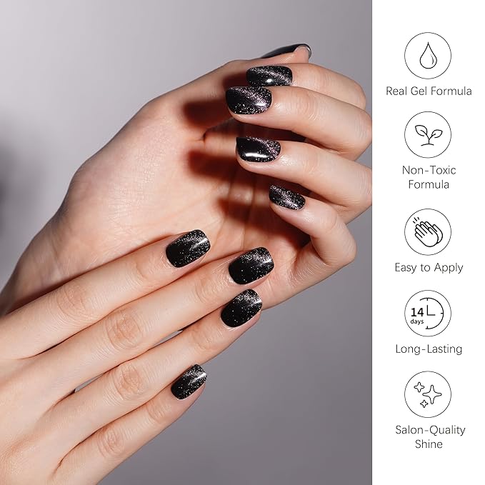 DANNI & TONI Semi Cured Gel Nail Strips Black Magnetic Cat Eye Gel Nail Stickers 28 Stickers | Nebula Shift