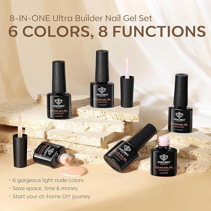 modelones Builder Nail Gel, Base Colors 8-in-One Jelly Caramel Brown Nude Pink Clear Builder Nail Gel Polish for Hard Extension Rubber Lamp Cured 6 Colors