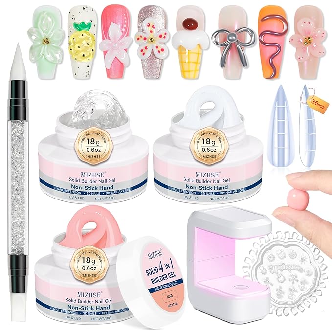 MIZHSE Solid Builder Gel Nail Kit with Nail Lamp, 3 Colors Builder Gel Clear Milky White Nude Hard Sculpting 3D Art U V LED Gels with Dual Form