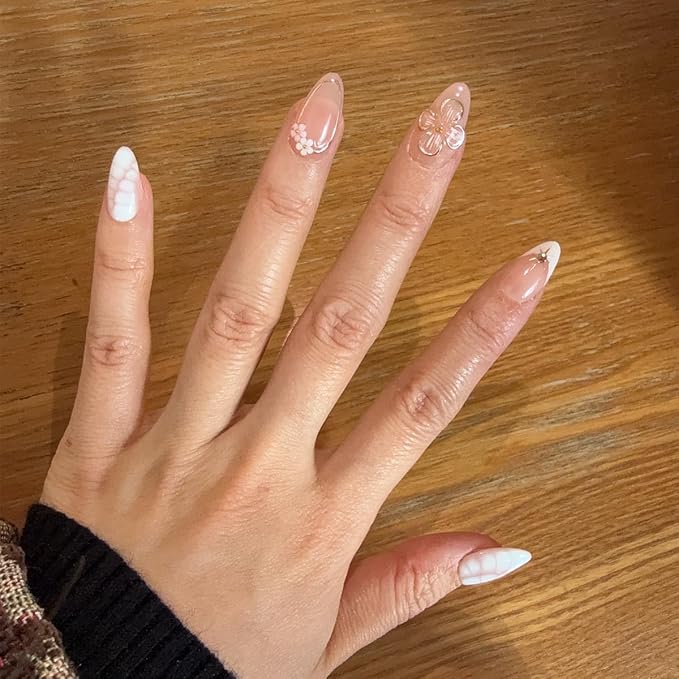 10 Short Almond Handmade Press On Nails | Blush Pink & White Snake Print Design with 3D Floral & Gold Accents | Salon-Quality Manicure, Easy Apply/Remove, Reusable & Long-Lasting (251216, S)