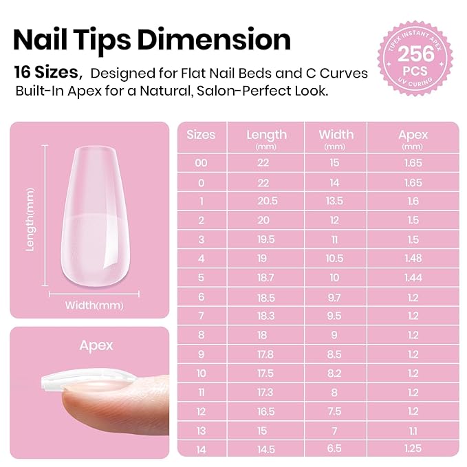 Beetles Tipex Lite Pre-Built Apex Gel Nail Tips, Coffin Short, 256pcs Value Pack, 16 Sizes, Flat-Nail Friendly Acrylic Tips for Natural Nail Beds, Easy for Beginner DIY