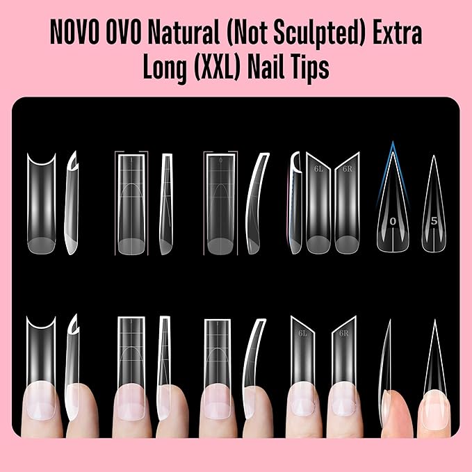 NOVO OVO Halloween XXL Square Nail Tips with Sharp Point & Moon Curve, Extra Thick False Nails Press on, matte Full Cover Soft Gel Extension French Tips Fake Nail Acrylic kit for DIY X 15 Size 180pcs