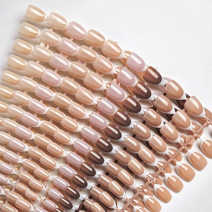 White French Tips Press on Nails Pack,Short Almond Fake Nails Press ons in 9 Different Base Color,Full Cover Stick on Nails for Women Manicure,12 Sizes | Reusable | Glue Tabs | Easy Apply | 216Pcs