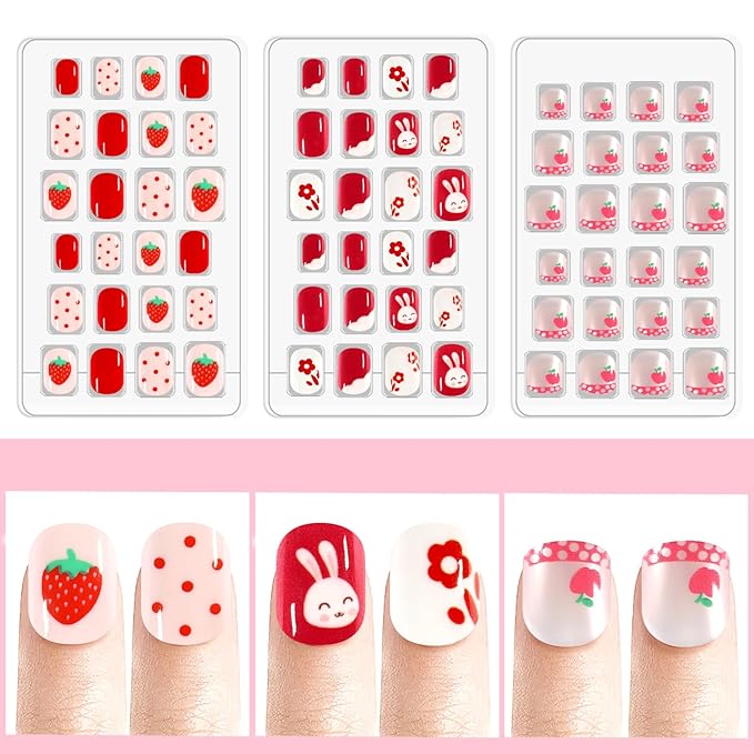 Laza 72pcs Children Nails Press On Pre-glue Full Cover Pink Heart Flower Cute Short False Nail Kits for Kids Teenager Girls - Strawberry Rabbit