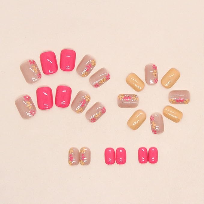 Square Press on Nails Short Fake Nails Rose Red Yellow Flowers Design Glue on Nails Flower Acrylic Nails Press ons Rose Red Full Cover False Nails Glossy Stick on Nails for Women Girls 24 Pcs