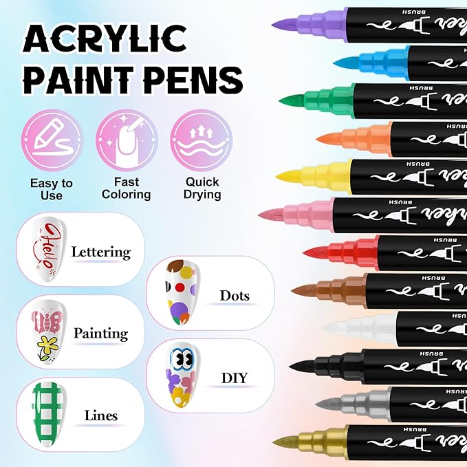 Kalolary 12 Colors Nail Art Pens Set, 3D Nail Polish Pens Double-Ended Acrylic Paint Pen Nail Art Markers Quick-Dry Nail Art Tools for Dotting Drawing Painting DIY Nail Art Beauty Manicure（B）