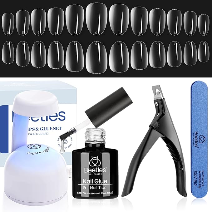Beetles Gel Nail Kit Easy Nail Extension Set 240Pcs Soft Nail Tips Extra Short Oval Shape with 5 In 1 Nail Glue Gel and Uv Led Lamp Nail Art Home Manicure Set Acrylic False Nail Tips Kit