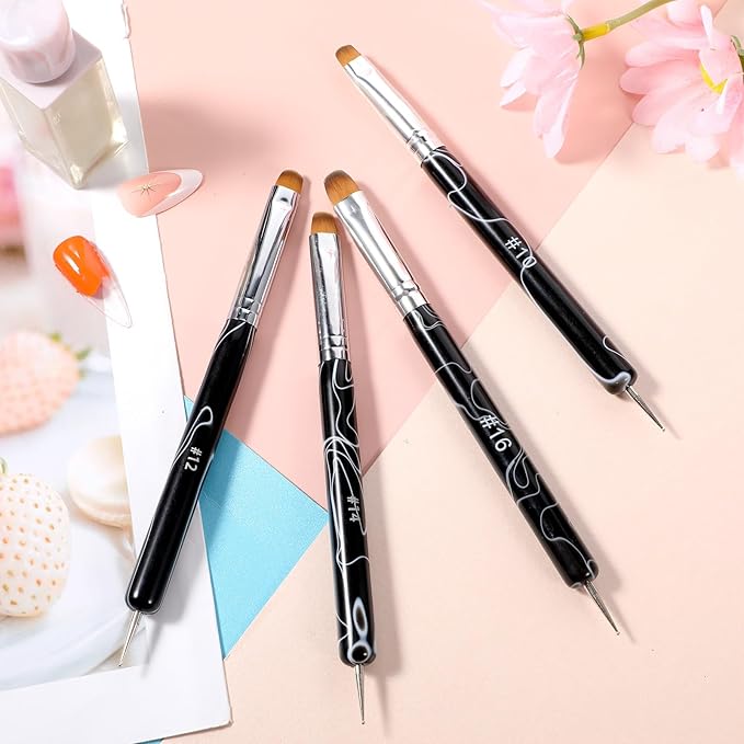 4pcs 2 Way Nail Art Brush with Dotting French Nail Brush Set French Gel Acrylic Nail Art Brush Professional Manicure Tool for Nail Arts Detailed Design Manicure Cuticle Clean up (10#, 12#, 14#, 16#)