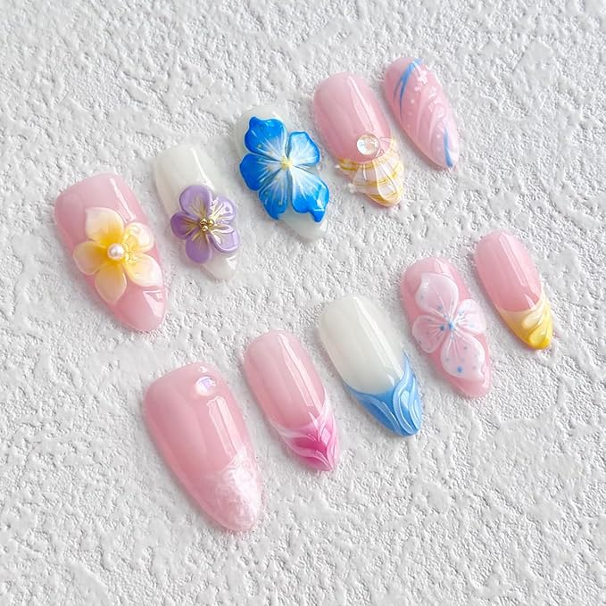 Luxury Press on Nails Medium Almond Handmade 3D Unique Reusable ABS Material Fake Nails French Tip False Nails with Designs Hawaii Plumeria Art Petal Glossy Glue on Nails Thick Acrylic Nails(M)