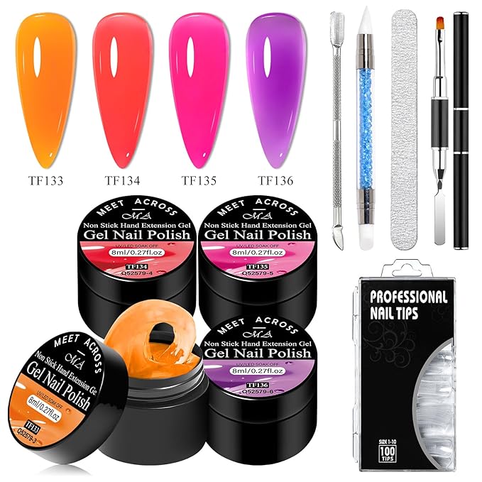 MEET ACROSS 9Pcs 3D Builder Gel Kit for Nail Art Hot Pink Orange Purple Non Sticky Hand Carving Extension Solid Builder Gel for Nails with Silicone Pen Manicure Kit 4 Colors