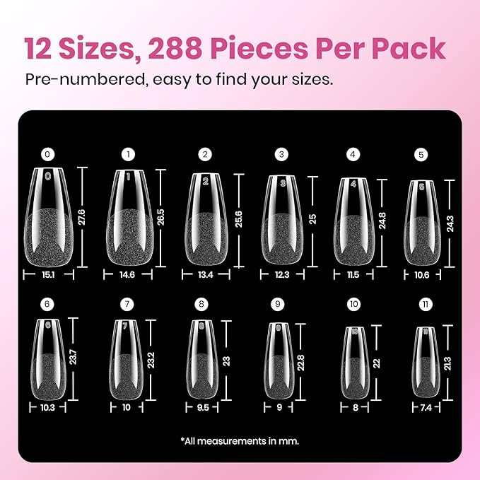 Beetles Gel Nail Kit Etch-X, Coffin Medium, 288pcs 12 Sizes Nail tips, with 10ml Hema-Free Nail Glue Gel, for Acrylic and Clear Press On Nail, Pre-Etched Half Matte Extension Set for Home DIY