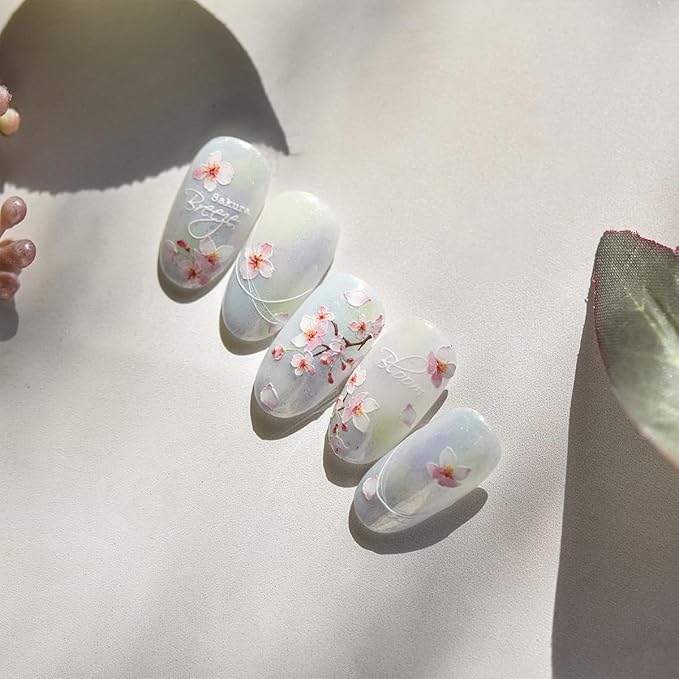 5D Embossed Flower Nail Art Stickers Cherry Blossoms Nails Decals White Pink Sakura Floral Nail Stickers Spring Summer Nails Design Flower Supplies for Women DIY Manicure Decoration Accessories 1Pcs