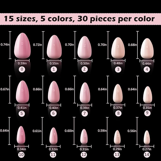 Almond Short Press on Nails Full Cover Pre-shaped Thick Fake Acrylic Nail Tips, 5 Colors, Manicure Salon & DIY at Home 150 PCS 15 Sizes