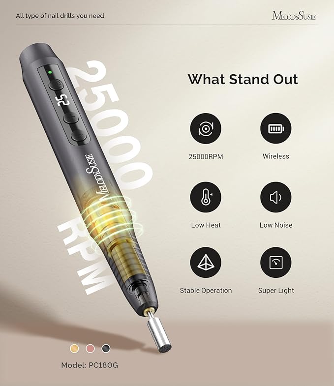 MelodySusie Pen-Shaped Portable Cordless Nail Drill,PC180G 25000RPM Rechargeable Electric File with LED Display for All Nail Care, Manicure Shaping & Acrylic Gel Removal for Nail Artists DIY at Home